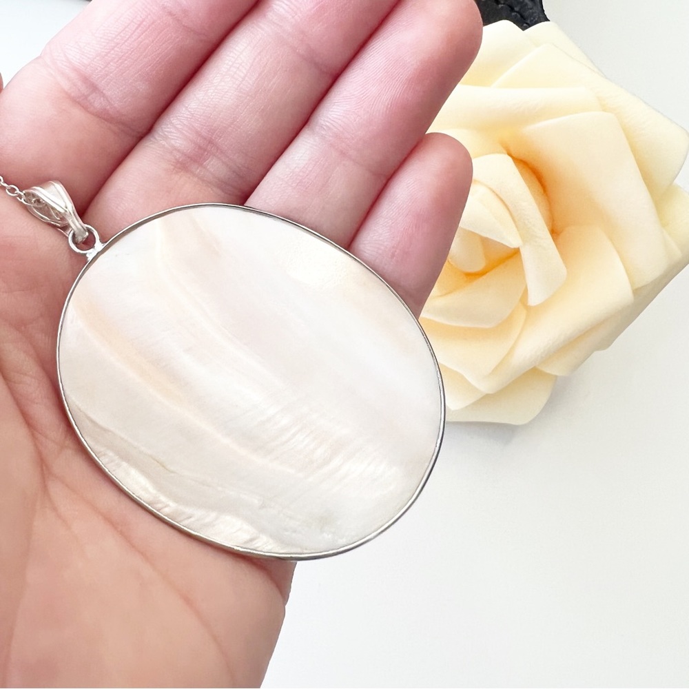 Large Mother of Pearl Shell Pendant Necklace 925 Sterling Silver Ivory …